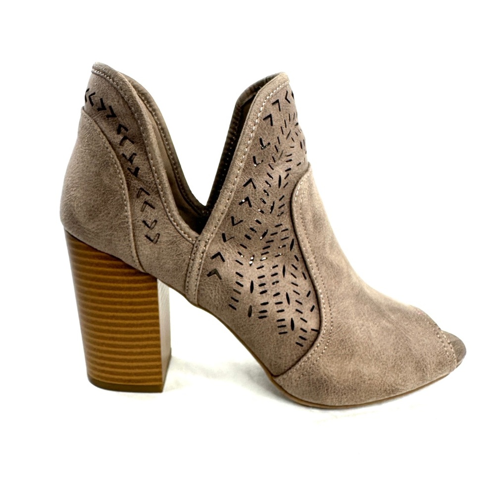 Fergalicious Women Size 8 Taupe Laser Cut Suede Block Heel Boot Peep Toe Shoe